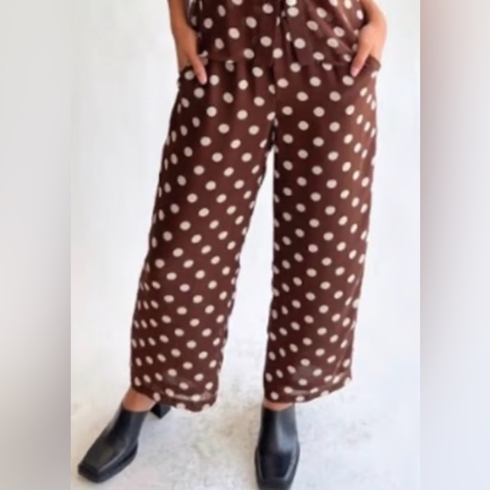 LISA SAYS GAH Sz S Brown Cream Polka Dot Palazzo Wide Leg Pants NEW WITH TAG